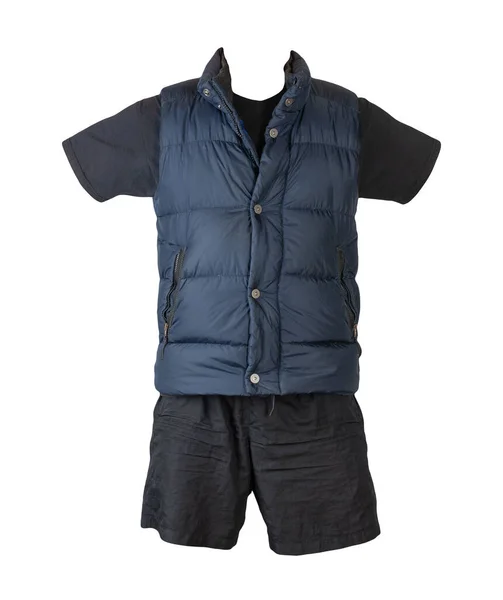 Jaqueta Sem Mangas Azul Escuro Camiseta Preta Shorts Esportivos Pretos — Fotografia de Stock