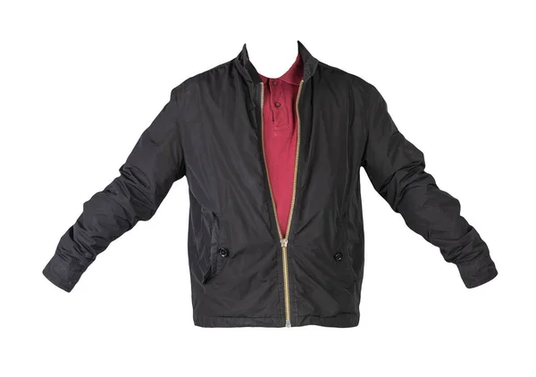 ブラックのメンズジャケットとダークレッドのシャツはホワイトの背景に隔離されている ファッショナブルなカジュアルウェア — ストック写真