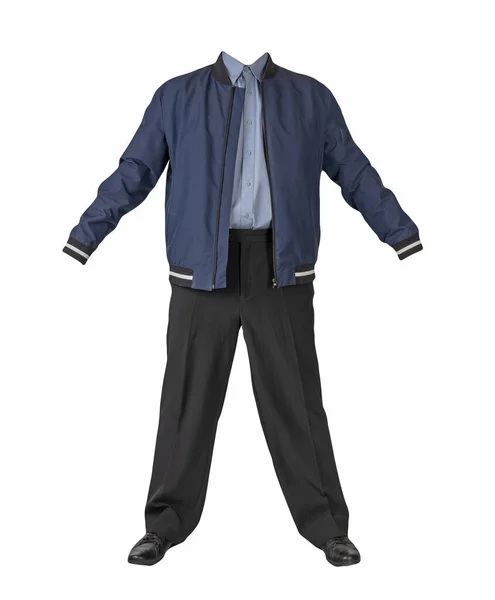Jaqueta Azul Escuro Masculino Bombardeiro Camisa Roxa Calças Pretas Sapatos — Fotografia de Stock