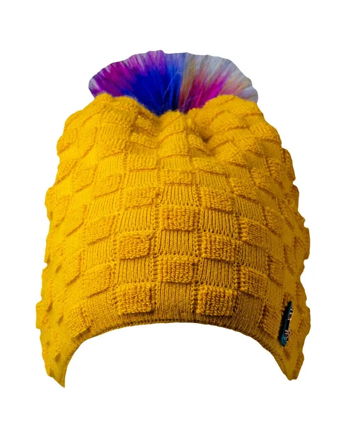 Chapéu Amarelo Malha Isolado Background Hat Branco Com Pompon Cinza — Fotografia de Stock