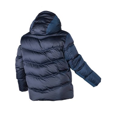 Beyaz arka planda koyu mavi kapüşonlu erkek ceketi. Her gün için şık kıyafetler.