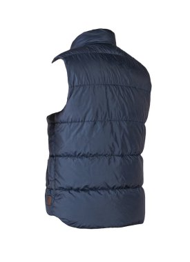 Beyaz arka planda koyu mavi kolsuz ceket. her gün giyilecek rahat kıyafetler