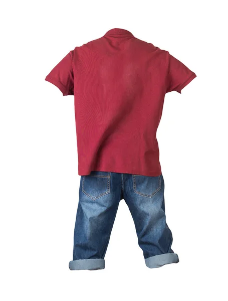 Pantalón Corto Denim Azul Oscuro Camiseta Color Rojo Oscuro Con —  Fotos de Stock