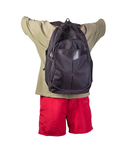 Schwarzer Rucksack Rote Sporthose Olivfarbenes Shirt Kleidung Für Jeden Tag — Stockfoto