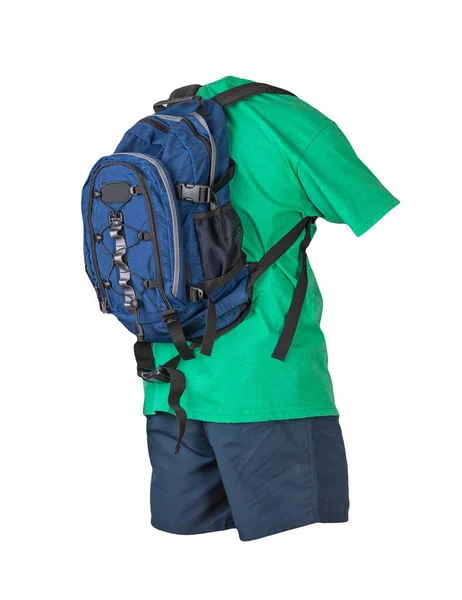 Deinim Blauer Rucksack Dunkelblaue Sporthose Retro Heidekrautgrünes Shirt Auf Weißem — Stockfoto