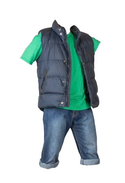 Jeans Dunkelblaue Shorts Grünes Shirt Und Dunkelblaue Ärmellose Jacke Auf — Stockfoto