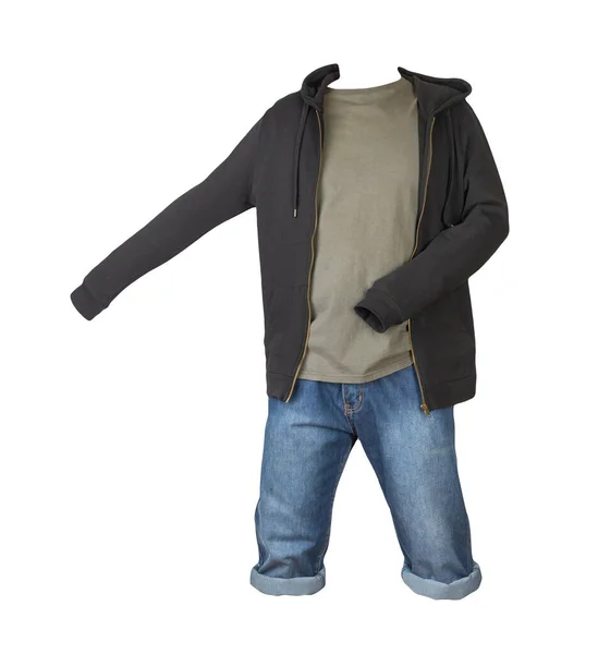 デニムダークブルーのショートパンツ グレーのTシャツと白の背景に隔離されたジッパーとフード付きブラックのスウェットシャツ — ストック写真