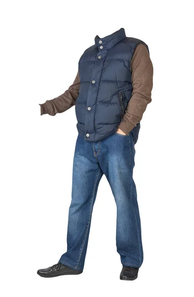 Dunkelblaue Ärmellose Jacke Blaue Jeans Pullover Und Schwarze Lederschuhe Auf — Stockfoto