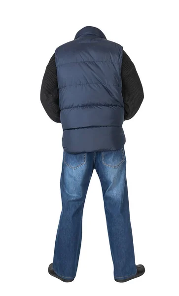 Mörkblå Ärmlös Jacka Blå Jeans Tröja Och Svart Läder Skor — Stockfoto