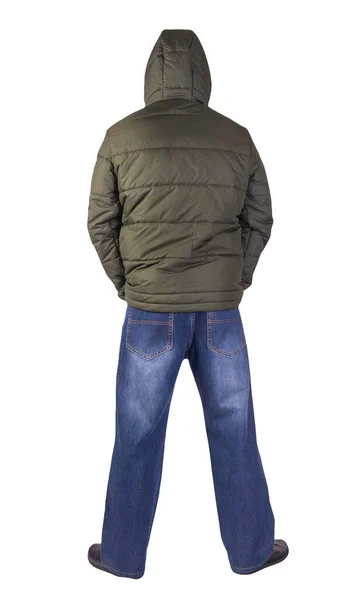 Donkerblauwe Jeans Zwarte Leren Schoenen Donkergroene Jas Met Capuchon Geïsoleerd — Stockfoto