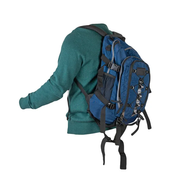 蓝色背包 身穿针织绿色毛衣 背景白色 从后面看背包和男式毛衣 — 图库照片