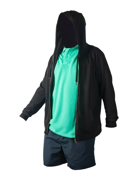 Μαύρο Φούτερ Σιδερένιο Φερμουάρ Κουκούλα Πράσινο Shirt Και Σκούρο Μπλε — Φωτογραφία Αρχείου