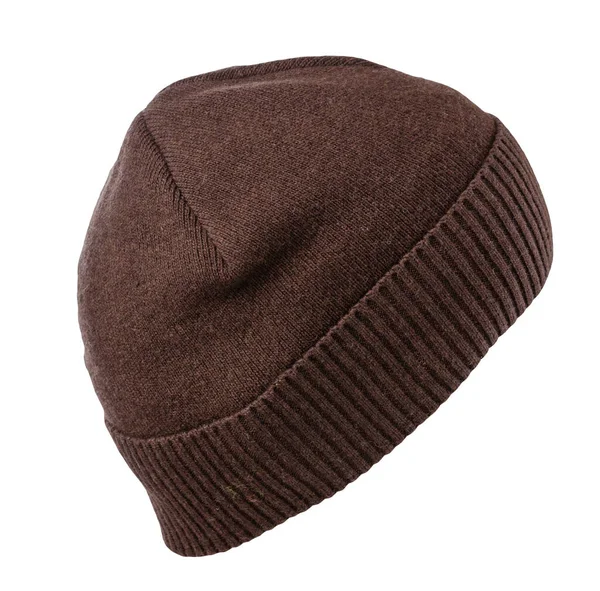 白い背景に隔離されたニットブラウンの帽子 カジュアルスタイルのためのファッション帽子アクセサリー — ストック写真