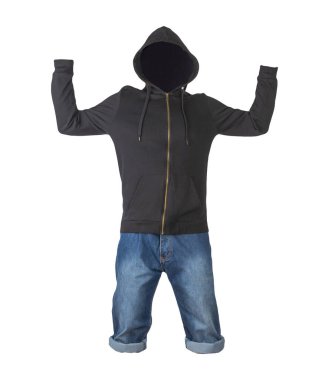 Koyu mavi şort ve siyah kapüşonlu beyaz arka planda izole. Erkek pantolonu.