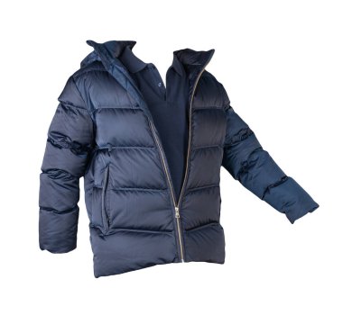 Koyu mavi erkek ceketi ve koyu mavi gömlek beyaz arka planda izole edilmiş. modaya uygun günlük kıyafetler.