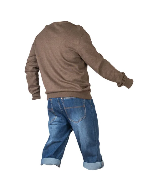 Dżinsowe Ciemnoniebieskie Szorty Brązowy Sweter Dzianiny Odizolowany Białym Tle Dżinsy — Zdjęcie stockowe