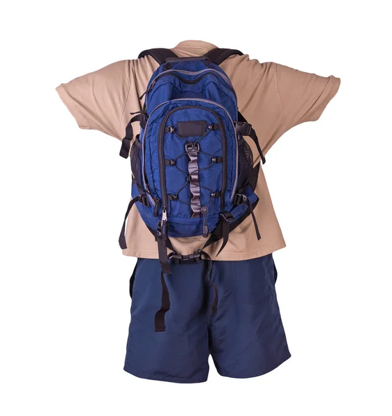 Jeansblauer Rucksack Dunkelblaue Sporthose Beiges Hemd Mit Kragen Und Knöpfen — Stockfoto