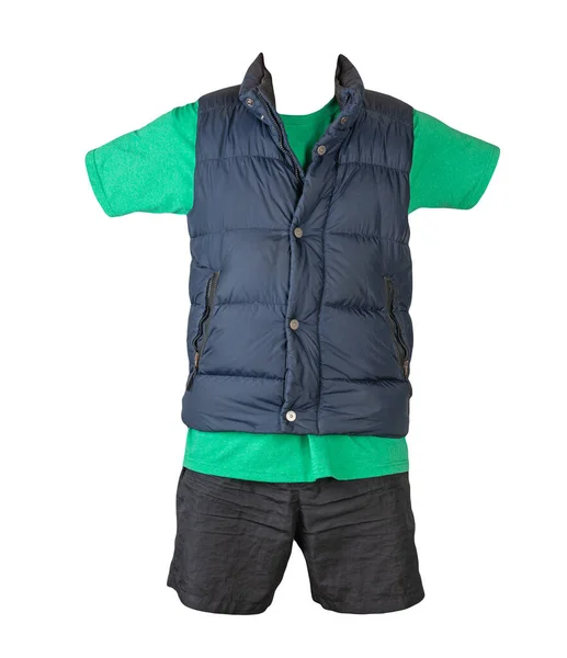 Jaqueta Sem Mangas Azul Escuro Camiseta Verde Shorts Esportivos Pretos — Fotografia de Stock