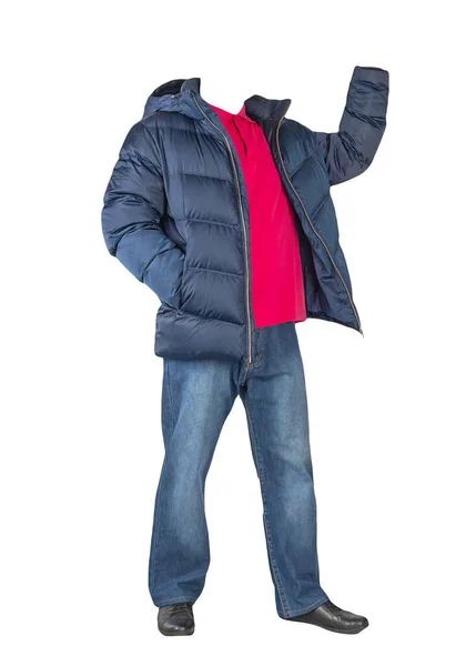 Dunkelblaue Jeans Rotes Shirt Mit Kragen Knöpfen Dunkelblaue Daunenjacke Mit — Stockfoto