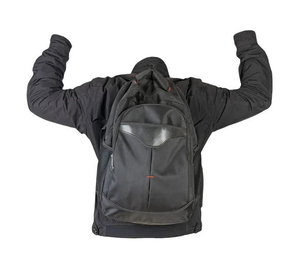 Schwarzer Rucksack Mit Schwarzer Jacke Auf Weißem Hintergrund Rückansicht Eines — Stockfoto