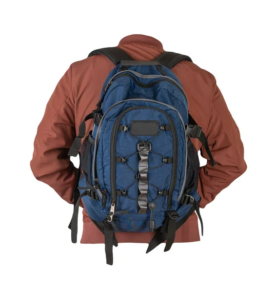 Blauer Jeansrucksack Bekleidet Mit Roter Bomberjacke Isoliert Auf Weißem Hintergrund — Stockfoto