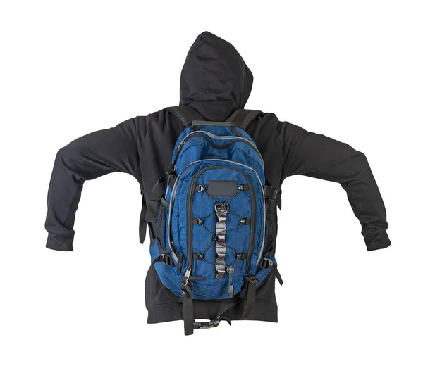 Schwarzer Kapuzenpullover Und Blauer Rucksack Auf Weißem Hintergrund — Stockfoto