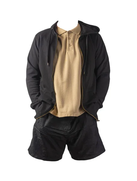 Svart Tröja Med Järn Dragkedja Hoodie Beige Shirt Och Svarta — Stockfoto