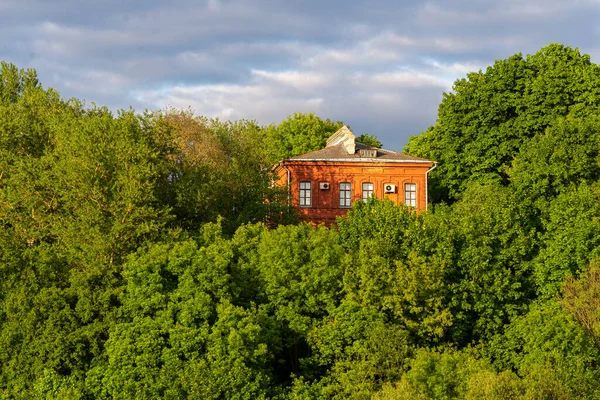red house on the hill covered with green trees. Summer sunset.