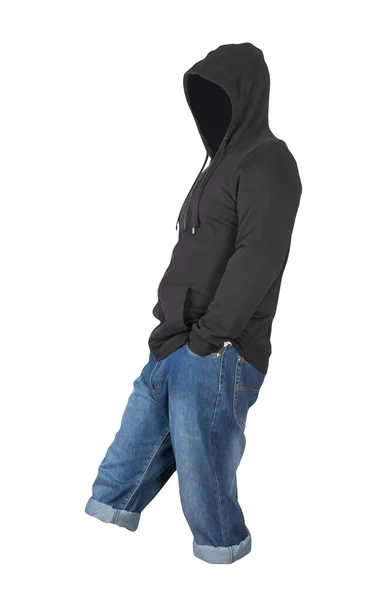 Denim Mörkblå Shorts Och Svart Hoodie Isolerad Vit Bakgrund Skurtröjor — Stockfoto