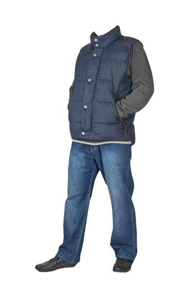 Veste Sans Manches Bleu Foncé Jean Bleu Pull Gris Foncé — Photo