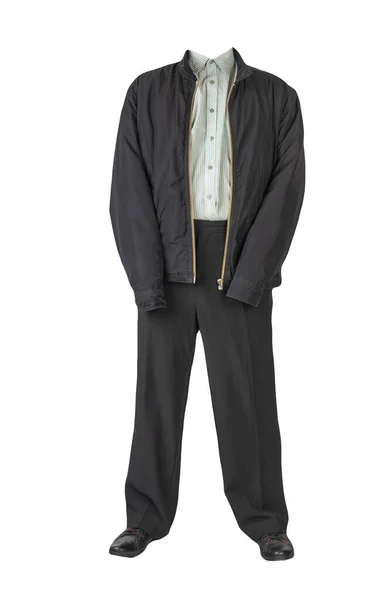 男性黑色夹克 灰色条纹衬衫 黑色裤子和黑色皮鞋隔离的白色背景 男子秋装 — 图库照片