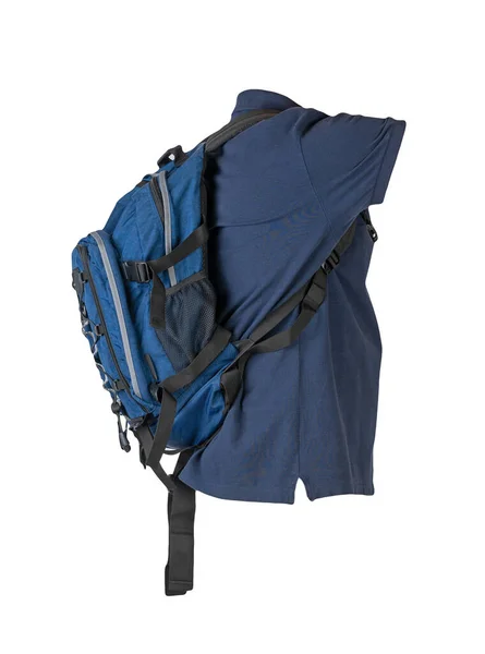 Blauer Rucksack Bekleidet Mit Dunkelblauem Shirt Auf Weißem Hintergrund Rucksack — Stockfoto