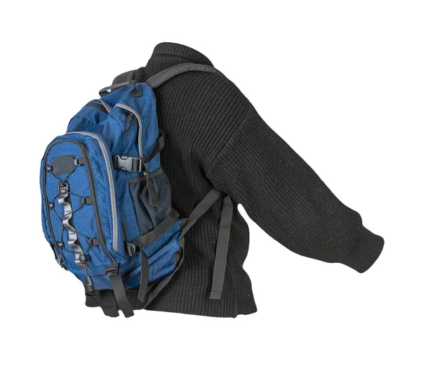 Blauer Rucksack Bekleidet Mit Einem Schwarzen Strickpullover Isoliert Auf Weißem — Stockfoto