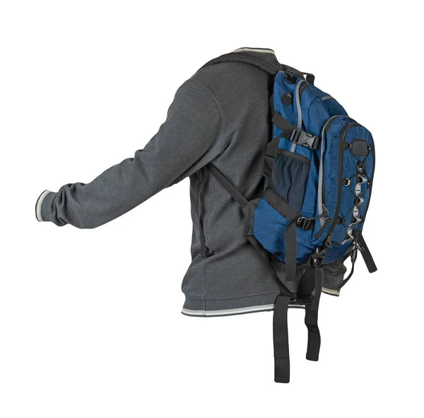 Graues Sweatshirt Und Blauer Rucksack Auf Weißem Hintergrund — Stockfoto