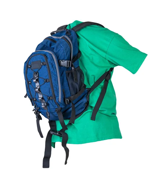 Mochila Azul Oscuro Vestida Para Camiseta Verde Aislada Sobre Fondo —  Fotos de Stock