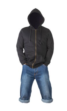 Koyu mavi şort ve siyah kapüşonlu beyaz arka planda izole. Erkek pantolonu.