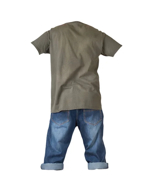Jeans Dunkelblaue Shorts Und Graues Shirt Auf Weißem Hintergrund Jeans — Stockfoto