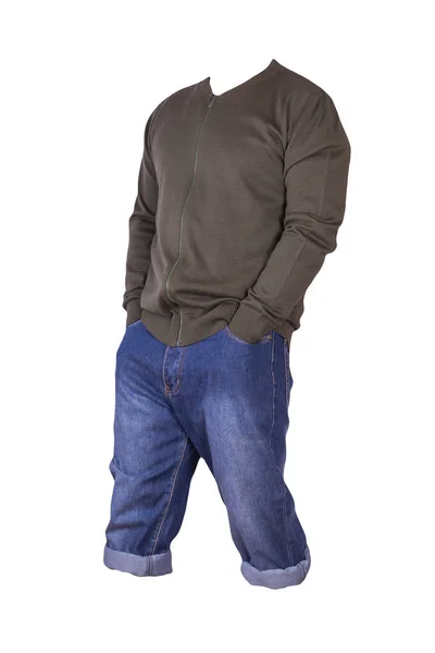 斜纹棉布深蓝色短裤和深绿色炸弹夹克与拉链隔离在白色背景 男式牛仔裤 — 图库照片
