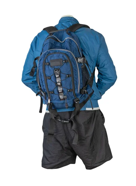 Blauer Rucksack Schwarze Shorts Blaue Sommer Windjacke Isoliert Auf Weißem — Stockfoto