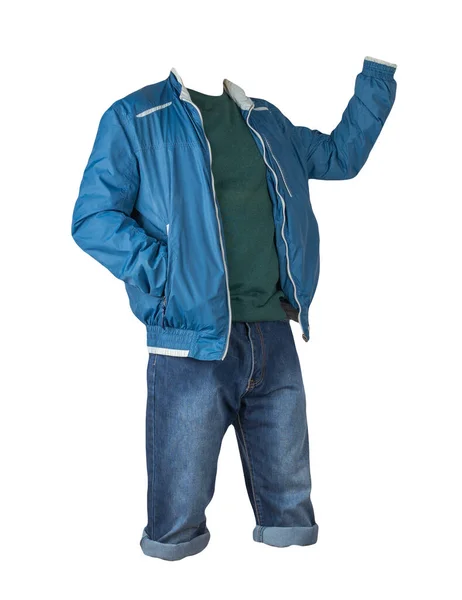 Jeansblaue Shorts Grüner Pullover Und Blau Weiße Windjacke Reißverschluss Isoliert — Stockfoto