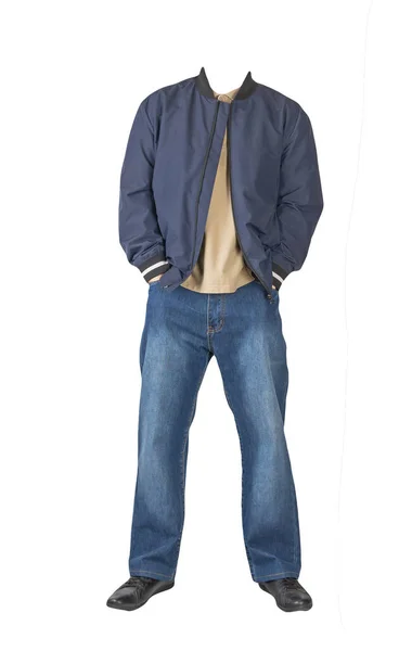 Mörkblå Jeans Beige Shirt Med Krage Knappar Mörkblå Bombare Jacka — Stockfoto