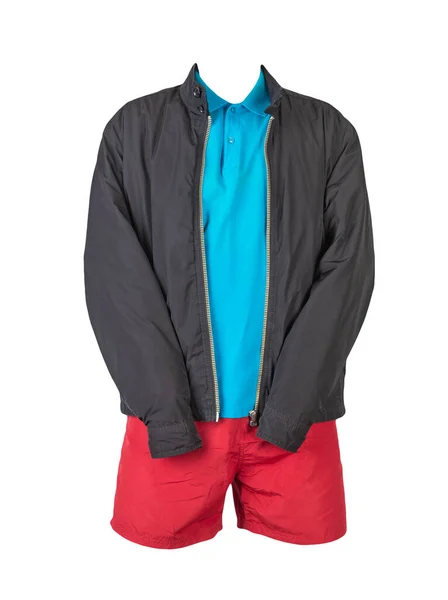 Męska Czarna Kurtka Niebieska Koszula Czerwone Spodenki Sportowe Odizolowane Białym — Zdjęcie stockowe