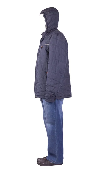 ダークブルーのジーンズブラックの革靴ダークブルーのオレンジのジャケットフードはホワイトの背景に隔離されています カジュアルスタイル — ストック写真