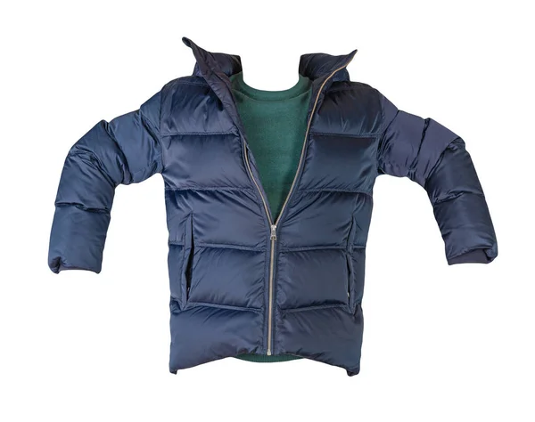 Chaqueta Plumón Azul Oscuro Con Capucha Suéter Verde Aislado Sobre — Foto de Stock