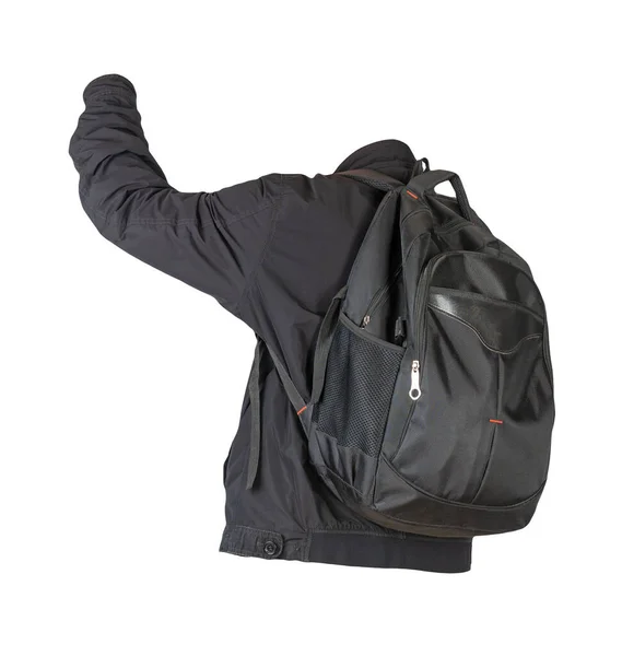 Schwarzer Rucksack Mit Schwarzer Jacke Auf Weißem Hintergrund Rückansicht Eines — Stockfoto