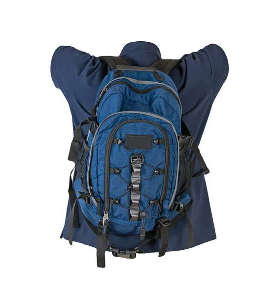 Blauer Rucksack Bekleidet Mit Dunkelblauem Shirt Auf Weißem Hintergrund Rucksack — Stockfoto