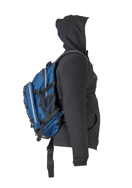 Schwarzer Kapuzenpullover Und Blauer Rucksack Auf Weißem Hintergrund — Stockfoto