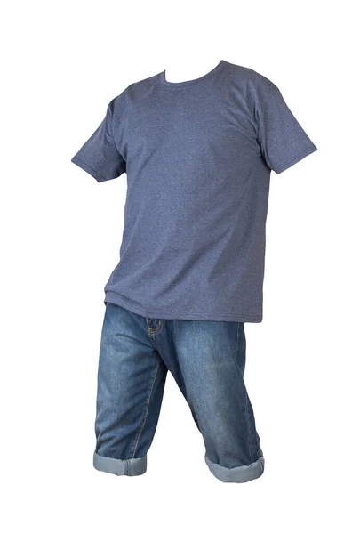 Denim Mörkblå Shorts Och Denimt Shirt Isolerad Vit Bakgrund Herrjeans — Stockfoto