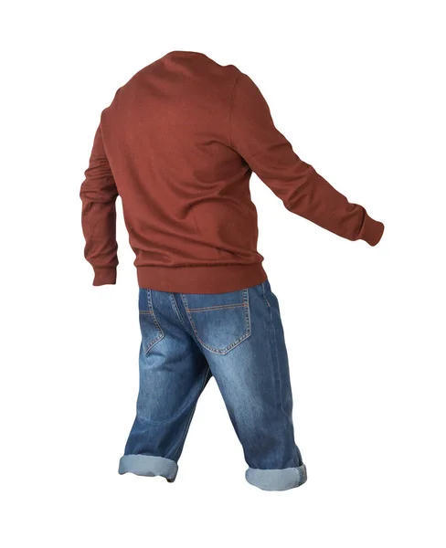 Pantaloncini Blu Scuro Denim Maglione Rosso Scuro Lavorato Maglia Isolato — Foto Stock