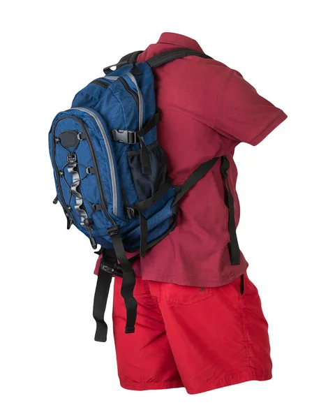 Jeansblauer Rucksack Rote Sporthose Dunkelrotes Hemd Mit Kragen Und Knöpfen — Stockfoto